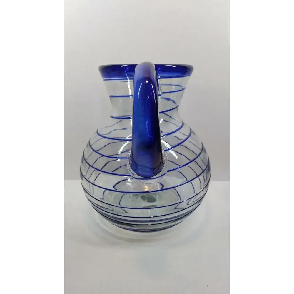 Hand Blown Cobalt & Clear Glass Swirl Pitcher & Glasses 7 Pc Set Made in Mexico